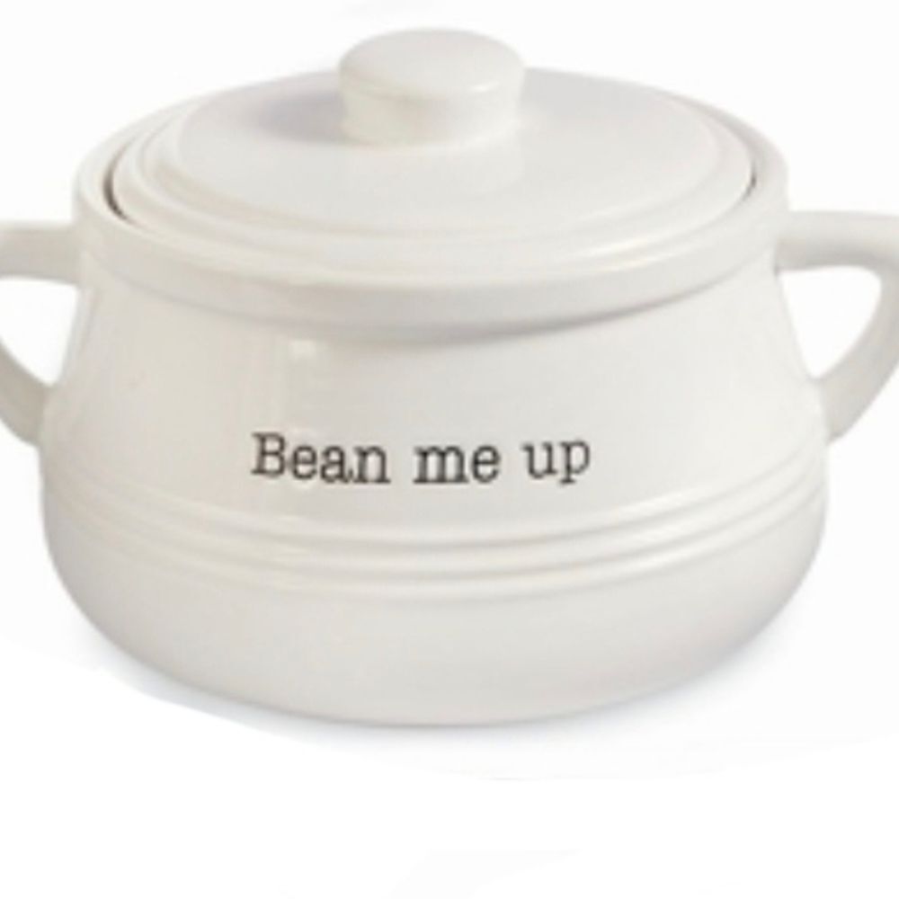 🔹️Mud Pie White Ceramic "Bean Me Up" Bean Pot w/Lid